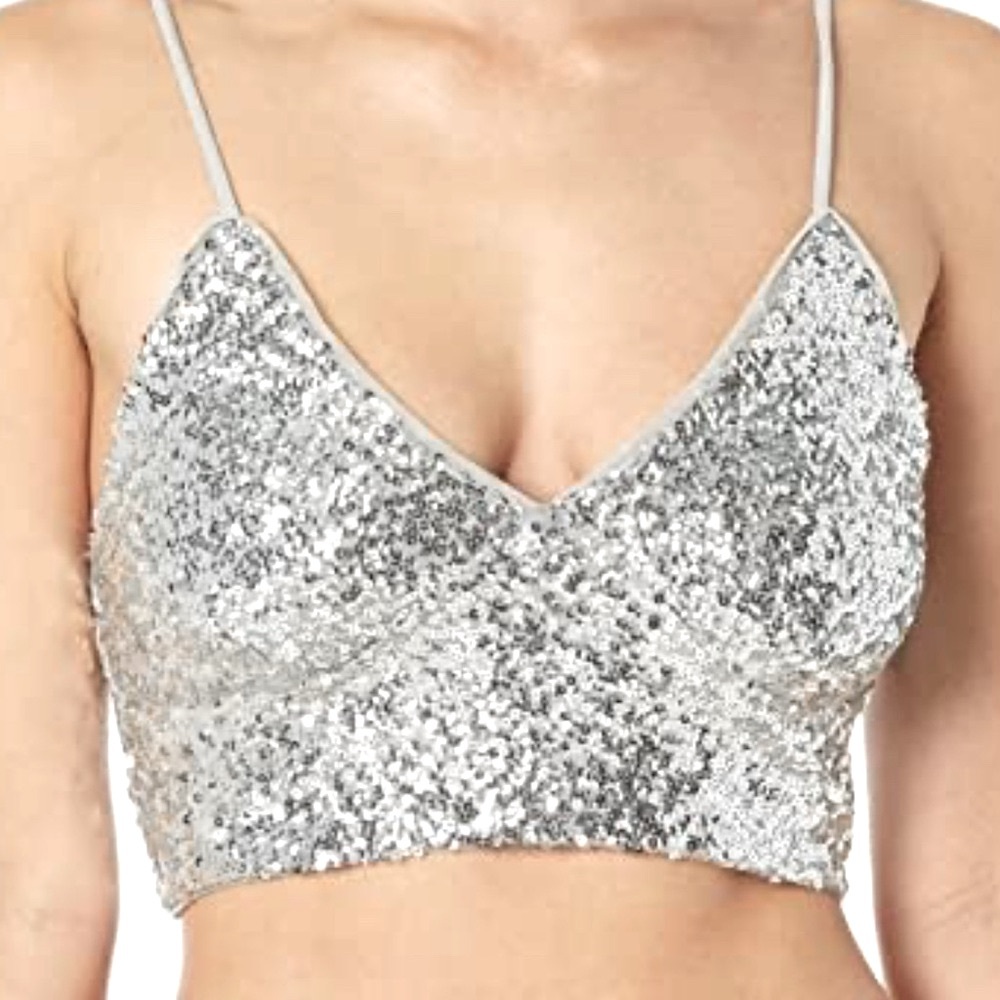 Revamped Silver Sequin Crop Top with black straps